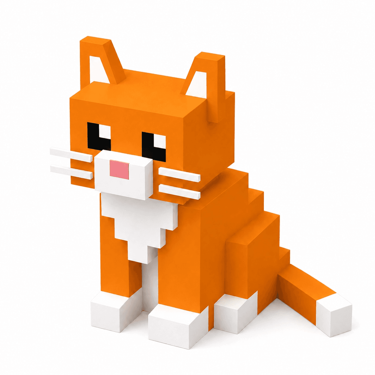 Angled view of the simplified orange voxel cat reference